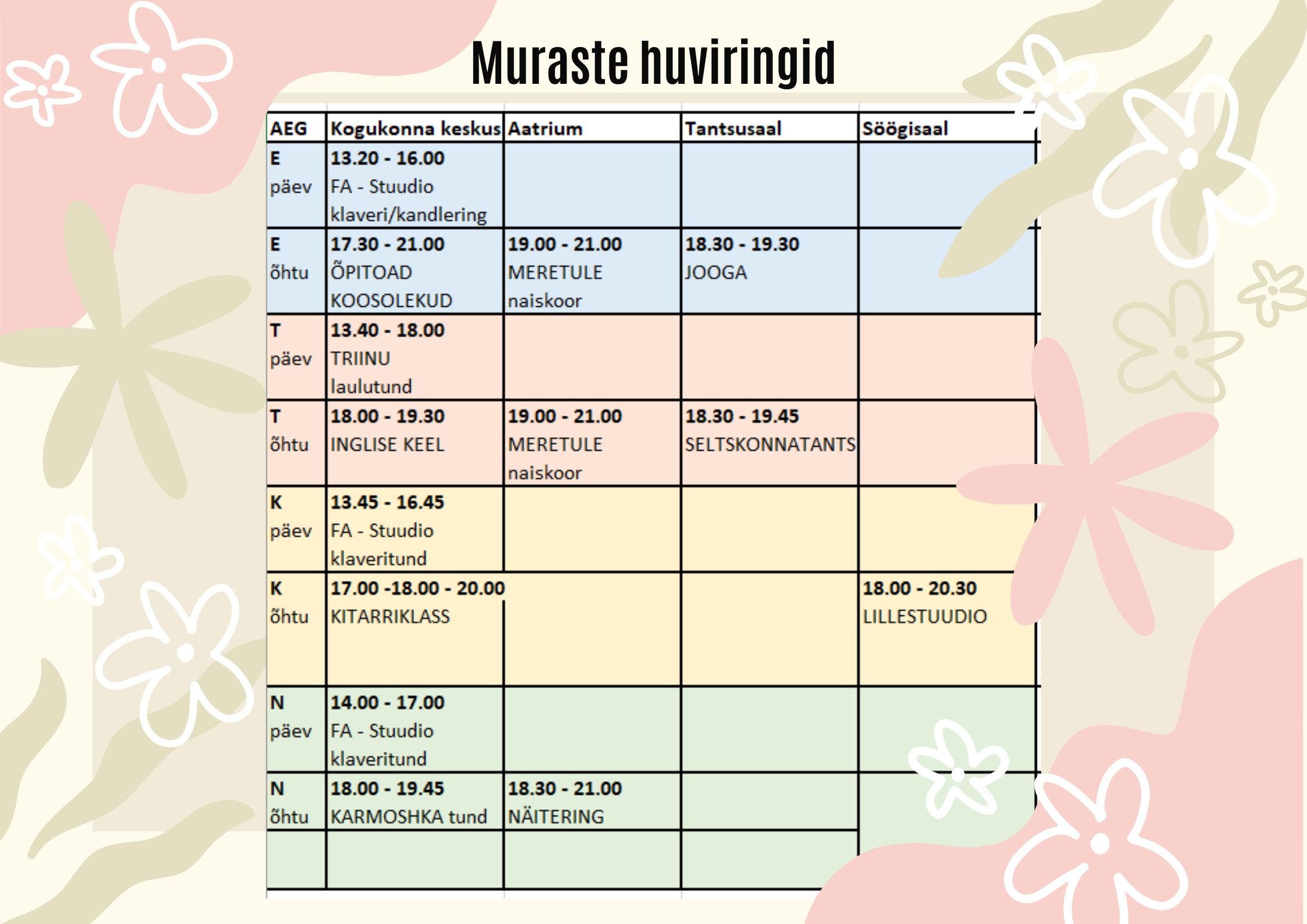 Ka sel hooajal jätkavad ringid, mis on juba aastaid Murastes toimunud.Hea uudis on see, et peaaegu igasse ringi saab tulla ka uusi soovijaid. Info leiad plakati